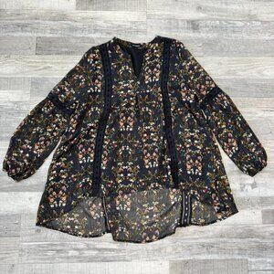 Blu Pepper black floral lightweight long sleeve blouse boho size large R19